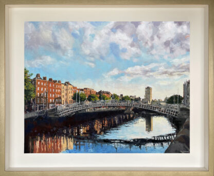 Painting of Dublin's quays at sunrise in this large-scale painting capturing the bold highlight the Ha'penny bridge